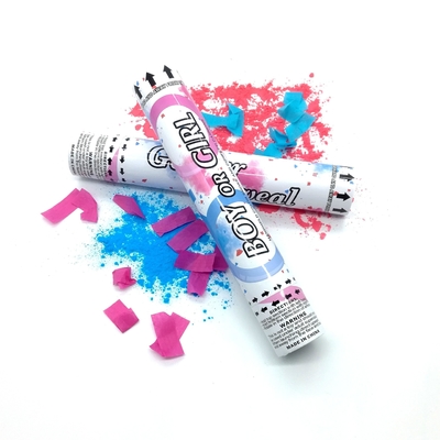 Junge oder Mädchen Geschlecht offenbaren Papier Konfetti Shooter Farbe Laufen Pulver Rauch biologisch abbaubare flammdichte Party Popper Konfetti c